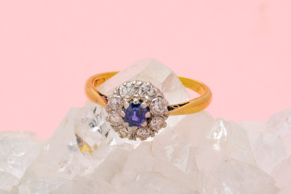 Edwardian 18ct Gold Sapphire Diamond Cluster Ring