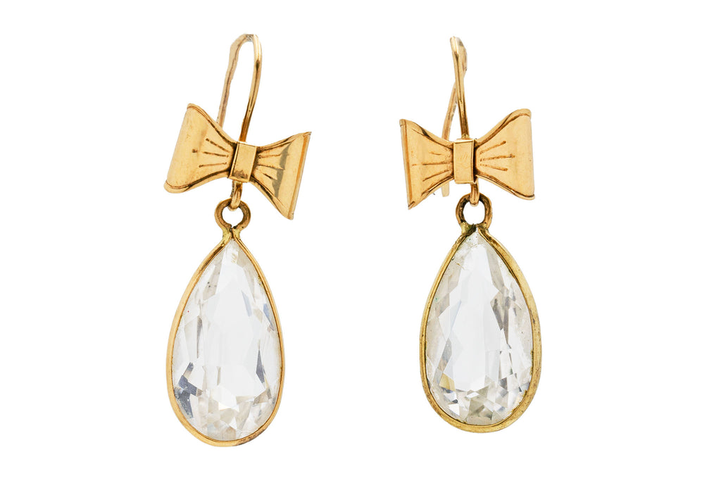 9ct Gold Rock Crystal Pear Drop Bow Earrings, 8.80ct