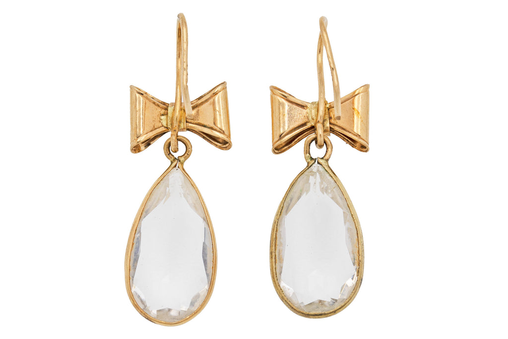 9ct Gold Rock Crystal Pear Drop Bow Earrings, 8.80ct