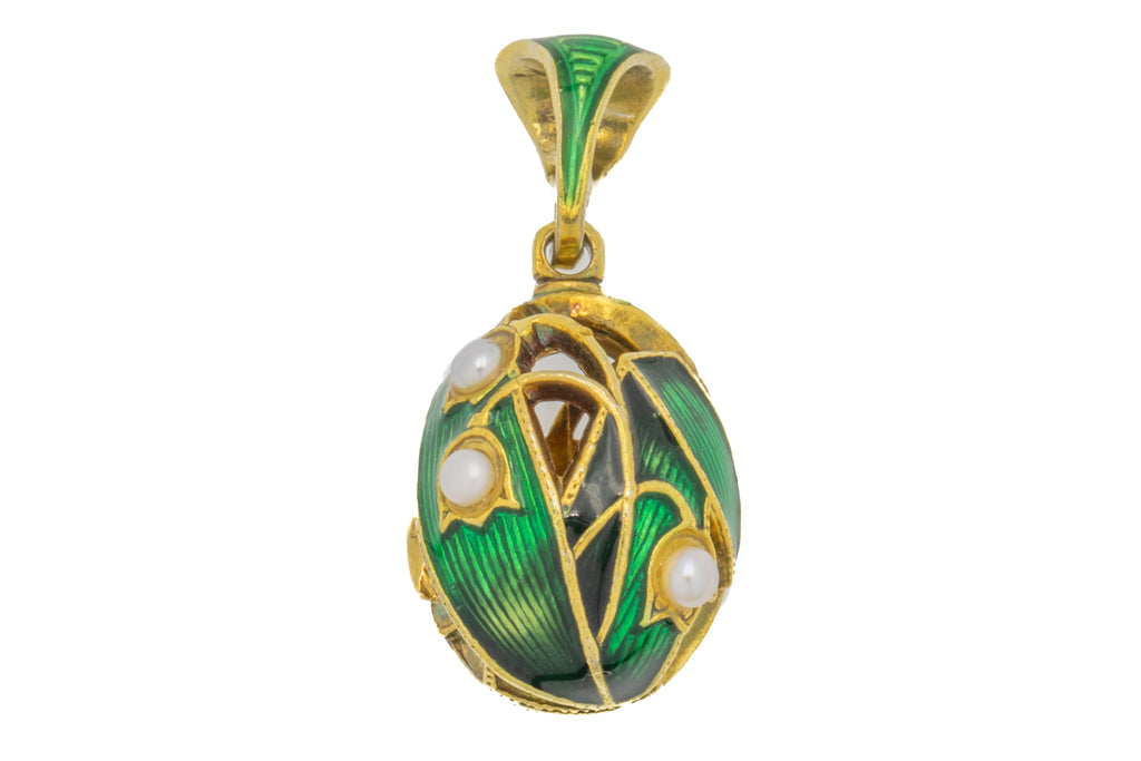 Antique Green Enamel 'Lily of the Valley' Egg Pendant