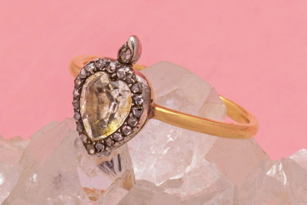 18ct Gold Georgian Flaming Heart Rose-cut Diamond & Crystal Ring, c.1790
