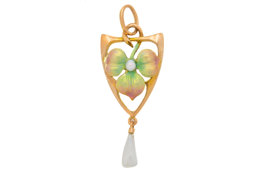 Art Nouveau 9ct Gold Enamel Pearl Pendant