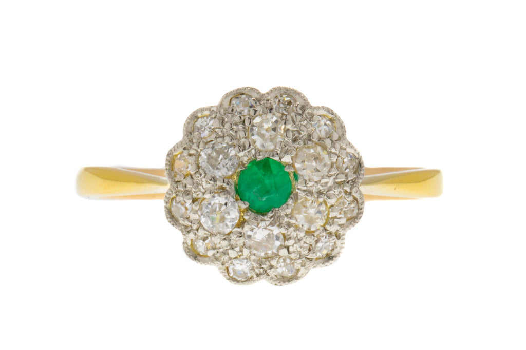 Antique 18ct Gold Diamond Emerald Cluster Ring, 0.60ct Diamond