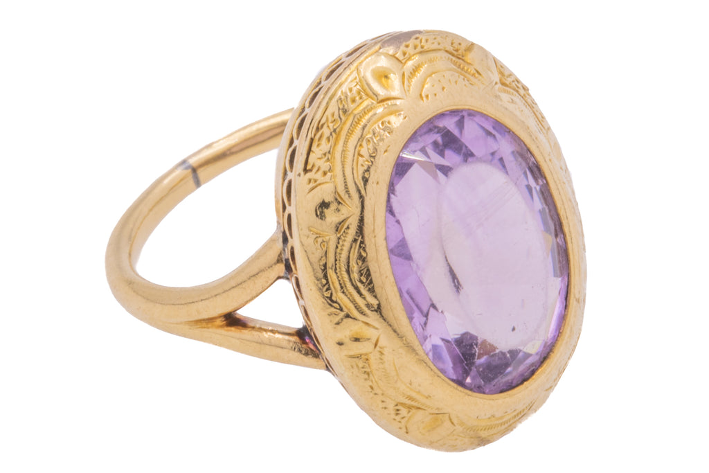 Antique 18ct Gold Engraved Amethyst Ring, 3.30ct