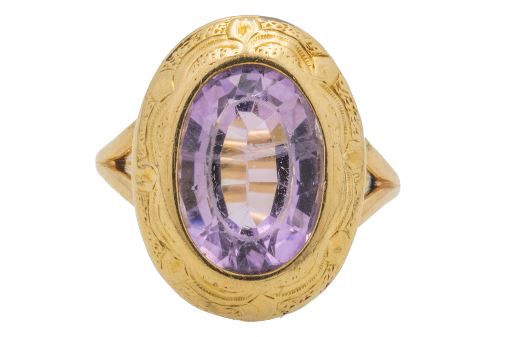 Antique 18ct Gold Engraved Amethyst Ring, 3.30ct