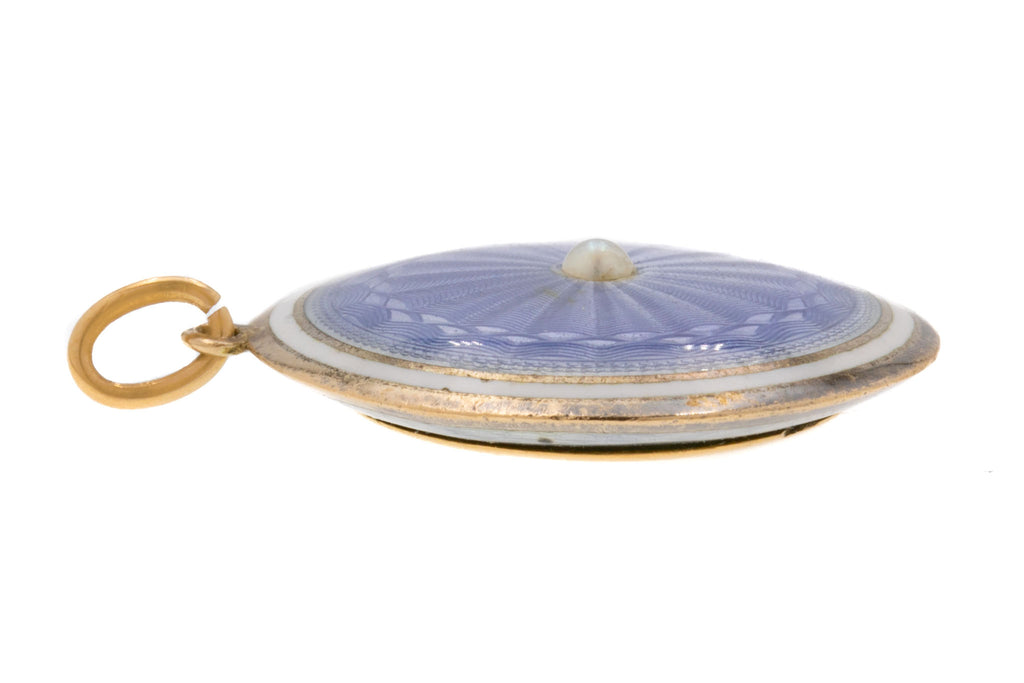 Art Nouveau 9ct Gold Lilac Guilloché Enamel Pearl Locket, with Original Fitted Box
