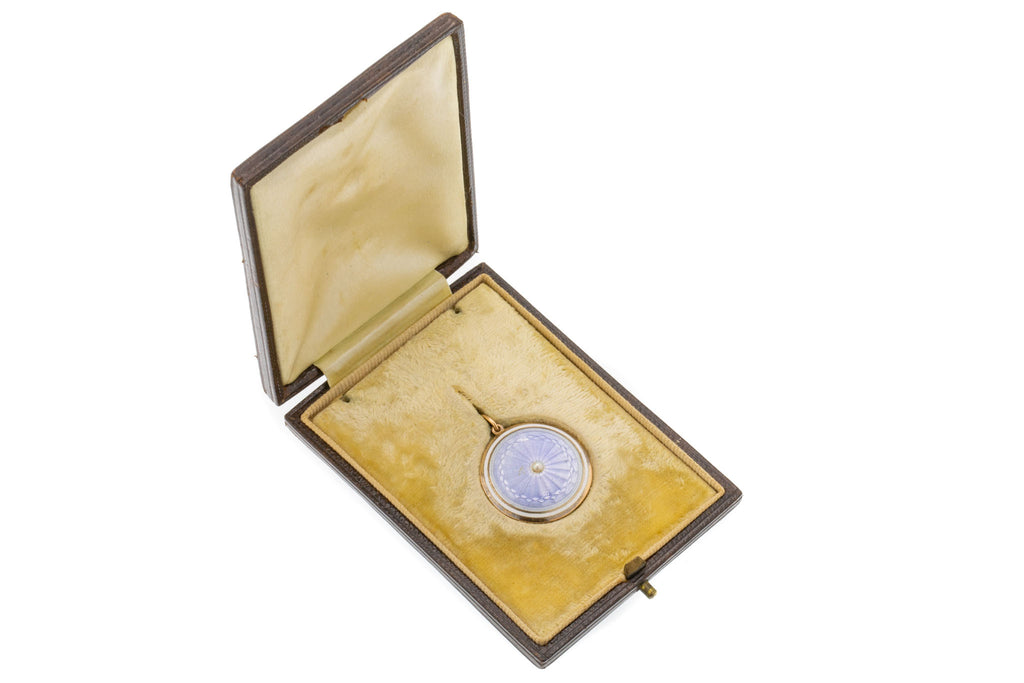 Art Nouveau 9ct Gold Lilac Guilloché Enamel Pearl Locket, with Original Fitted Box