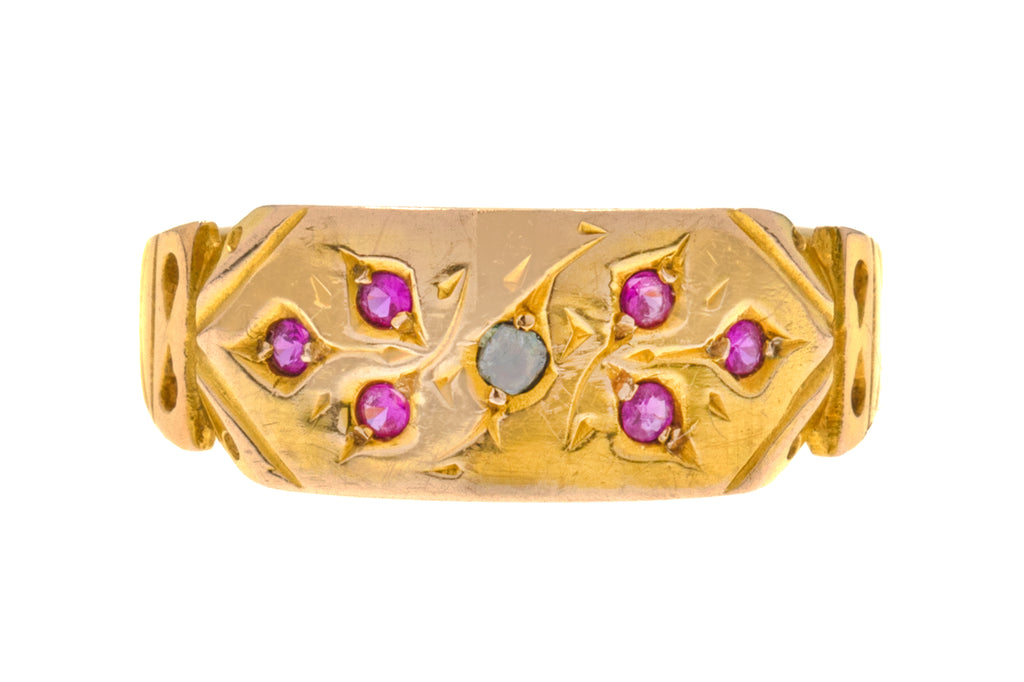 Antique 9ct Gold Ruby Diamond Gypsy Ring