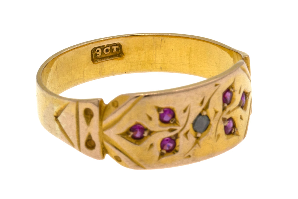 Antique 9ct Gold Ruby Diamond Gypsy Ring