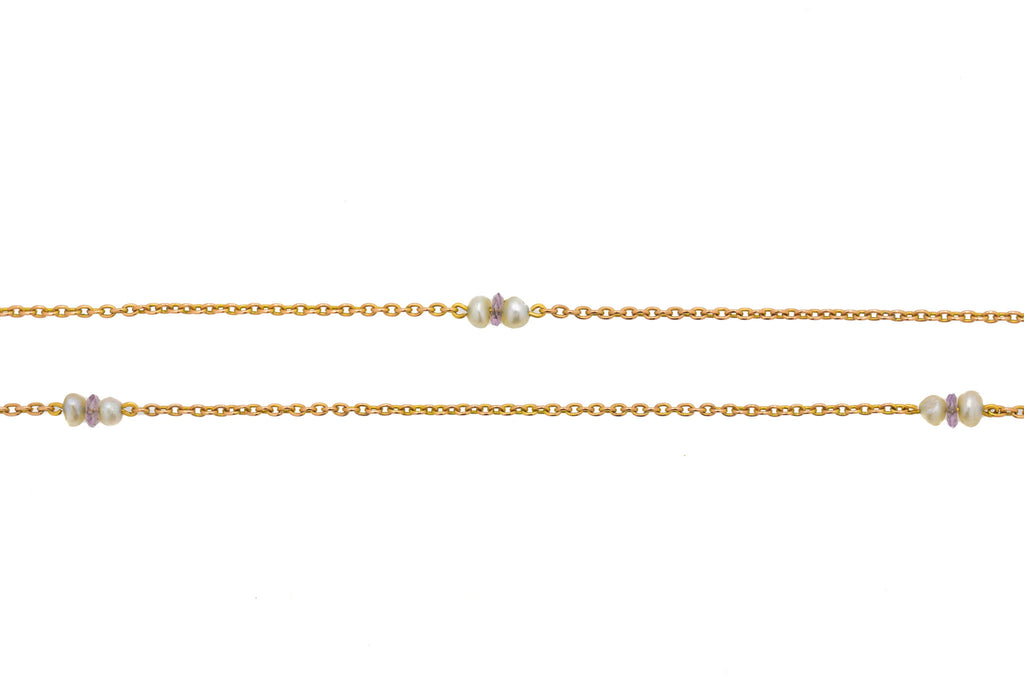 58" Antique 9ct Gold Pearl Amethyst Long Guard Chain, 13.4g