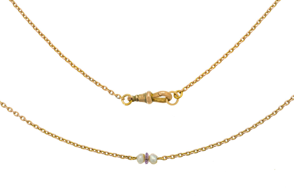 58" Antique 9ct Gold Pearl Amethyst Long Guard Chain, 13.4g