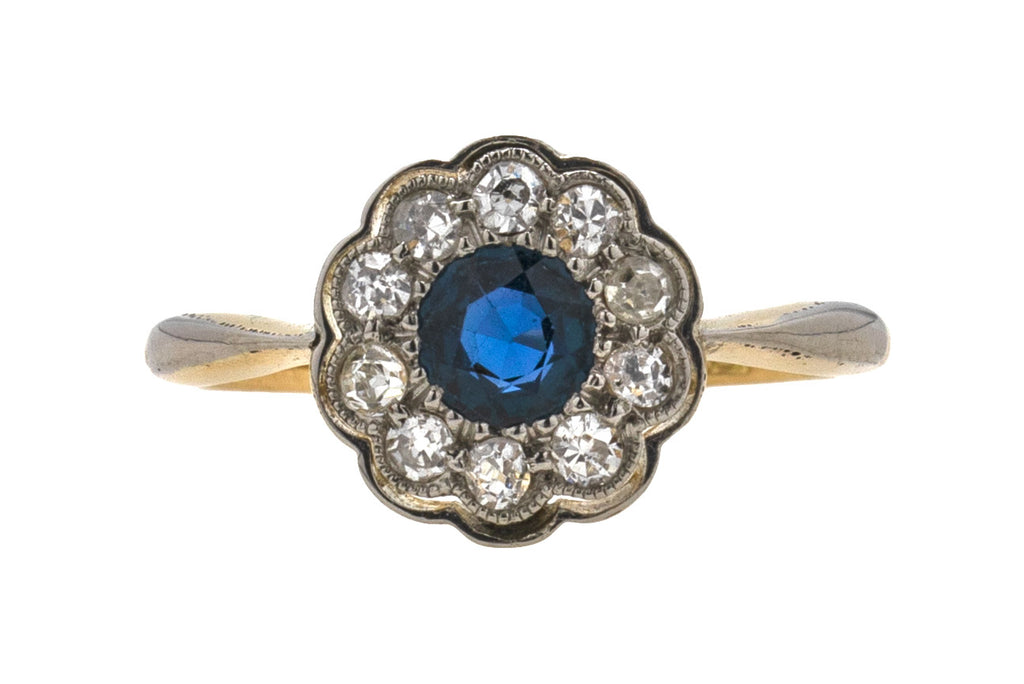 Antique 18ct Gold Diamond Sapphire Flower Cluster Ring
