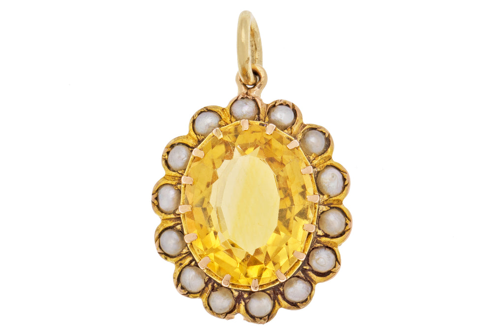 Edwardian 9ct Gold Citrine Pearl Cluster Charm, 2.45ct Citrine