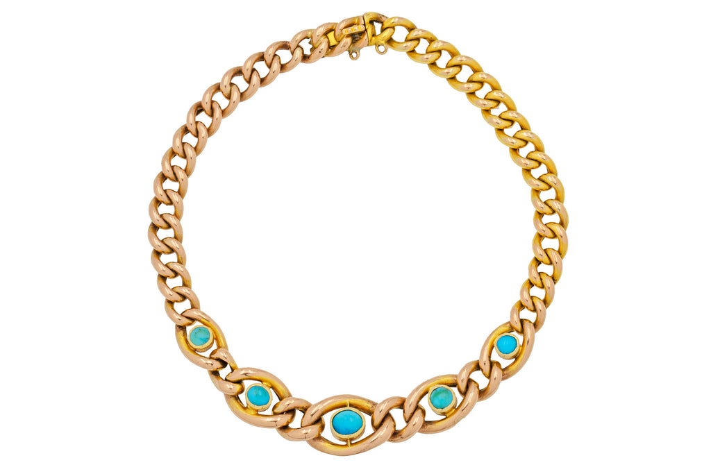 7" Antique 9ct Gold Turquoise Bracelet, c.1900
