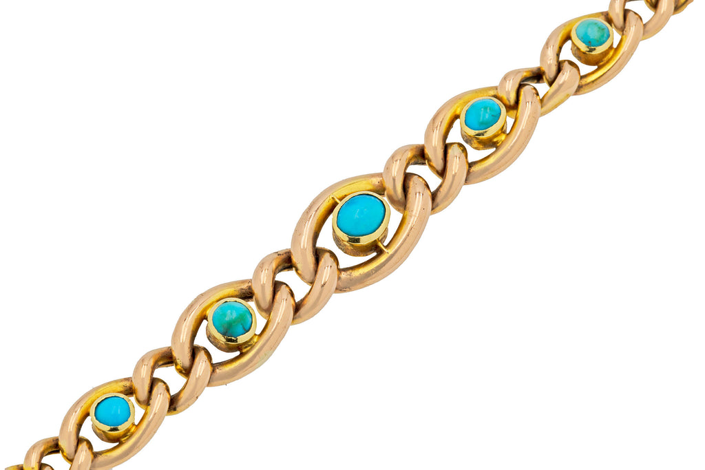 7" Antique 9ct Gold Turquoise Bracelet, c.1900
