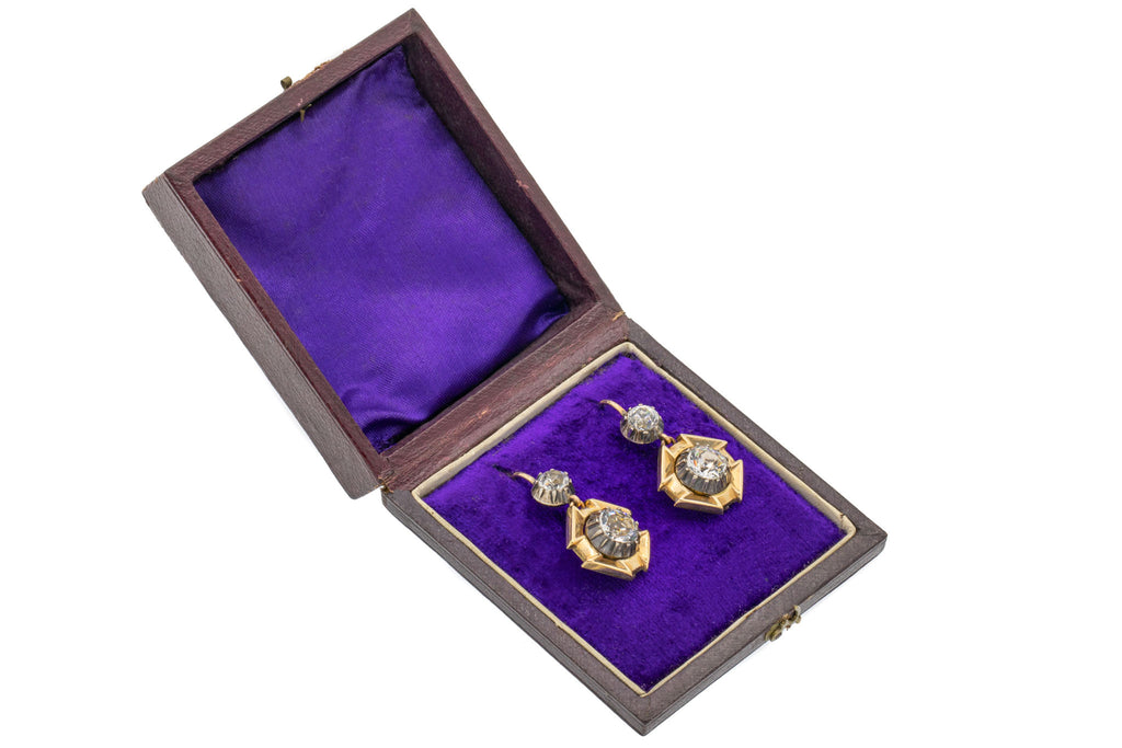 Georgian 9ct Gold & Silver Paste Earrings, with Box