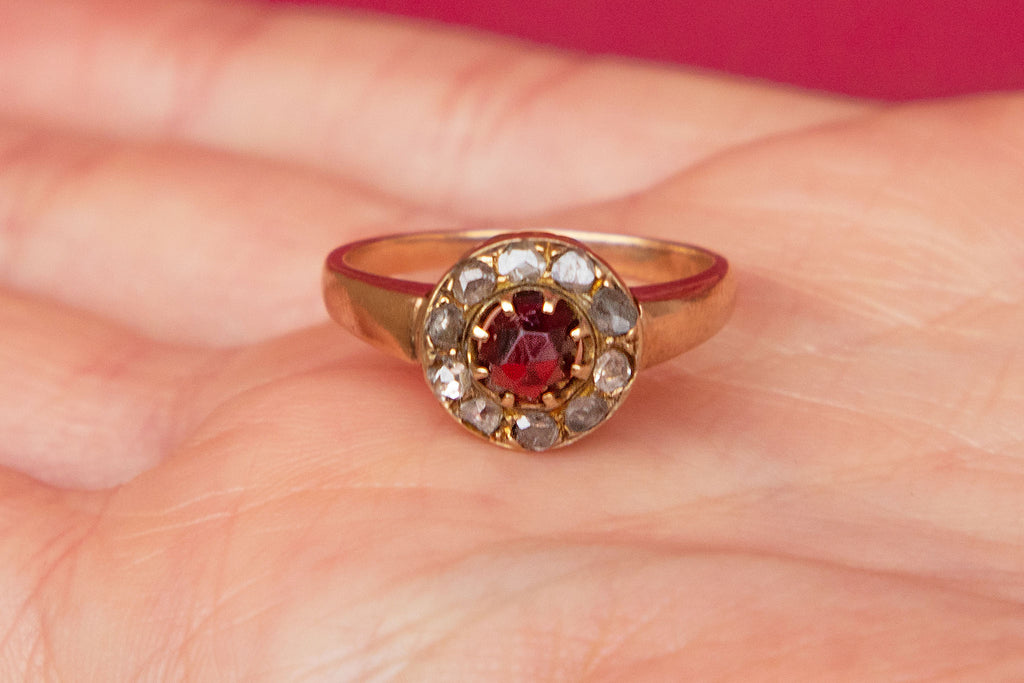 Antique 9ct Gold Garnet Rose-cut Diamond Ring, 1.60ct Garnet