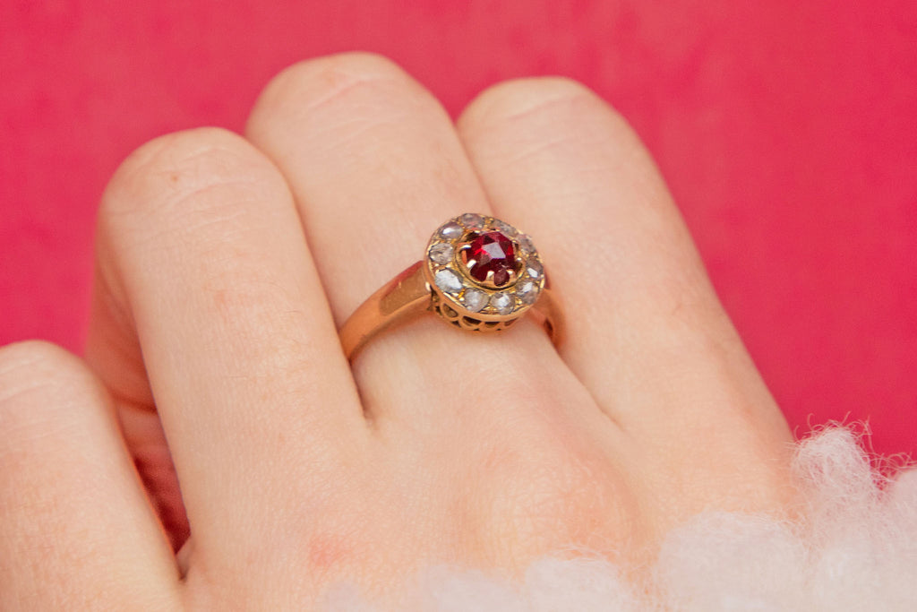 Antique 9ct Gold Garnet Rose-cut Diamond Ring, 1.60ct Garnet