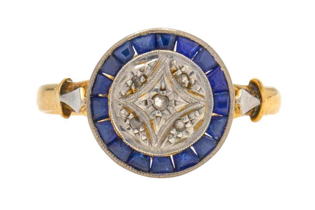 18ct Gold French Art Deco Sapphire Diamond "Star" Target Ring