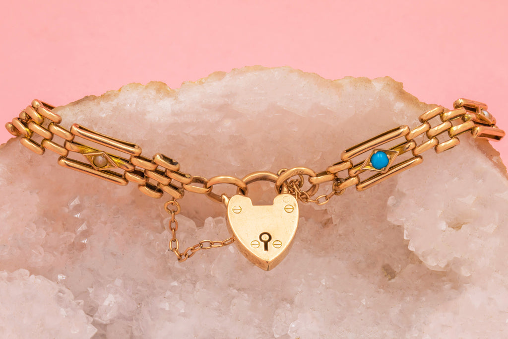 Edwardian 9ct Gold Turquoise Pearl Gate Bracelet, Heart Padlock, 12.5g