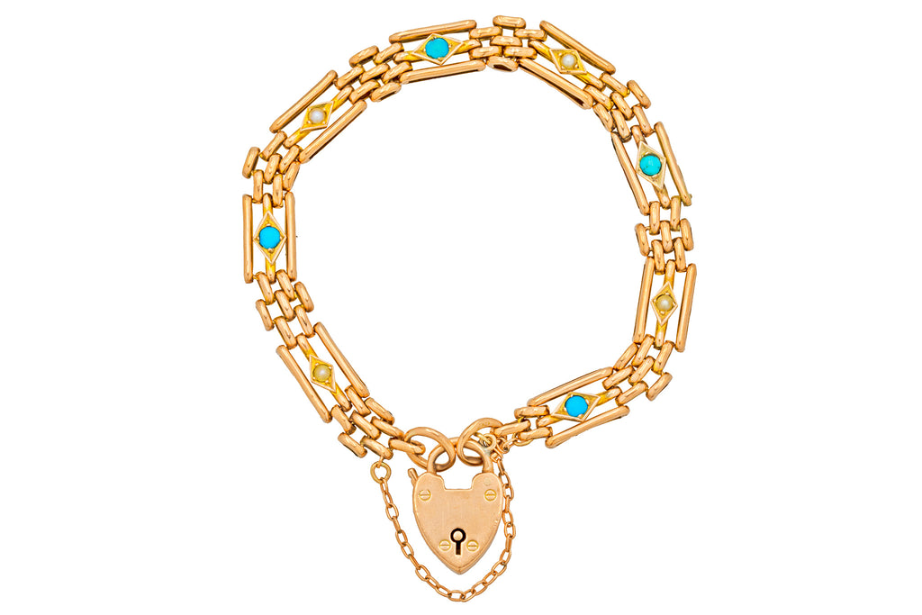 Edwardian 9ct Gold Turquoise Pearl Gate Bracelet, Heart Padlock, 12.5g