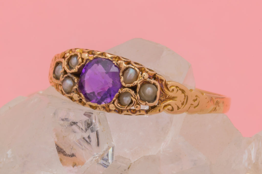 Victorian 15ct Gold Amethyst Pearl Ring