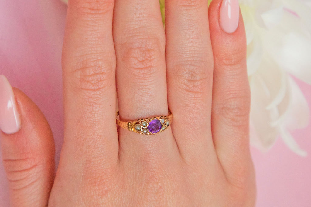 Victorian 15ct Gold Amethyst Pearl Ring