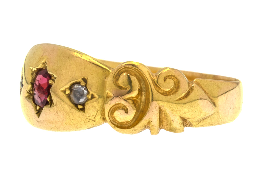 Antique 15ct Gold Ruby Diamond Gypsy Trilogy Ring