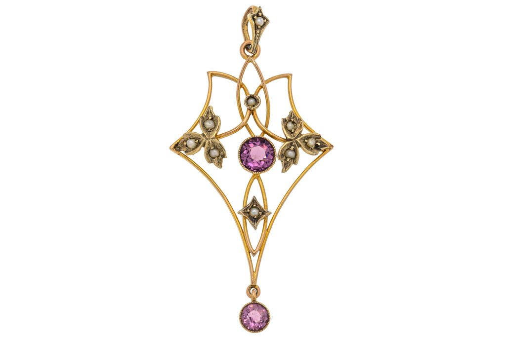 Art Nouveau 9ct Gold Amethyst Pearl Pendant, 0.42ct