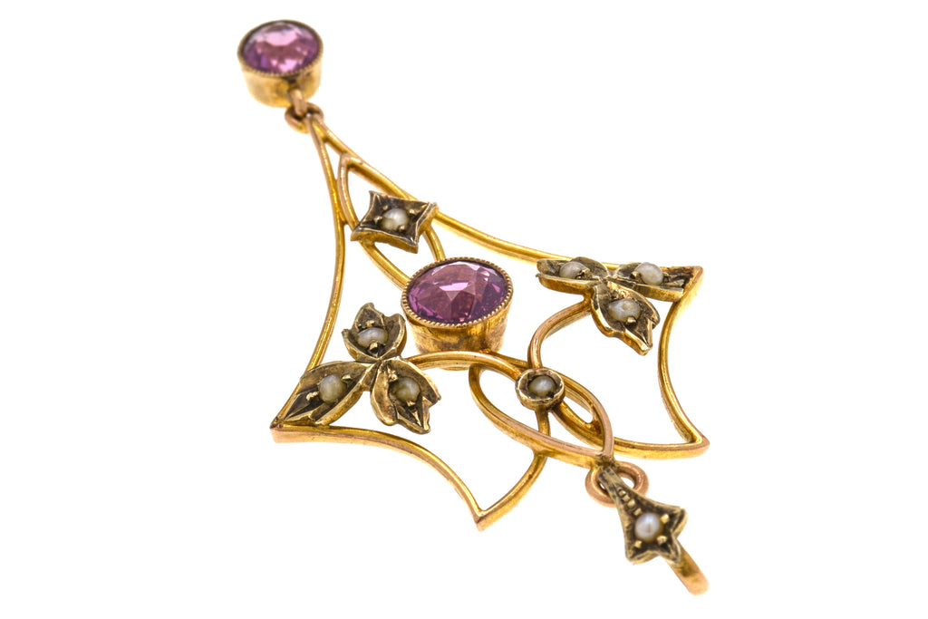 Art Nouveau 9ct Gold Amethyst Pearl Pendant, 0.42ct