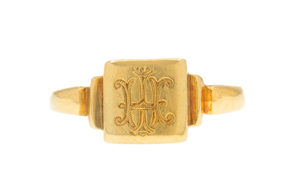 Art Deco 9ct Gold Square Signet Ring, 'HI' Initals