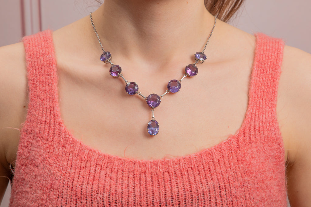 19" Art Deco Silver Colour-Change Sapphire Drop Necklace