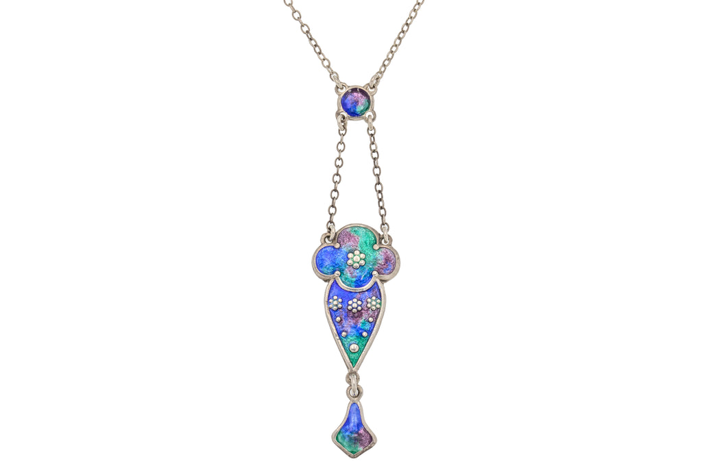 20" Charles Horner Silver Enamel Lavalier Drop Necklace, Art Nouveau c.1910