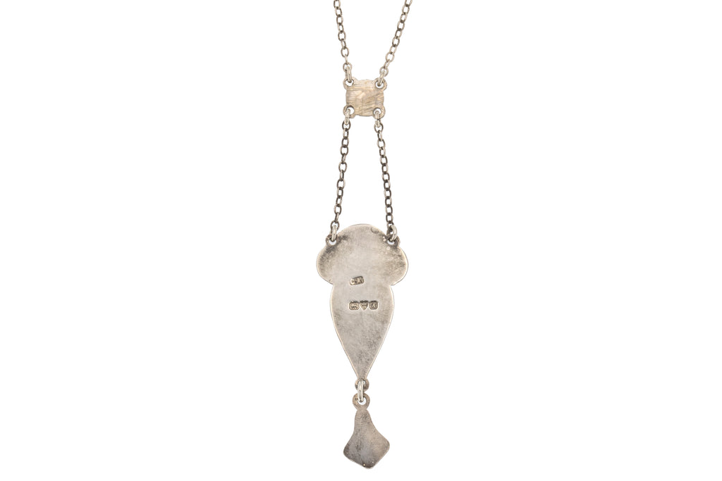 20" Charles Horner Silver Enamel Lavalier Drop Necklace, Art Nouveau c.1910