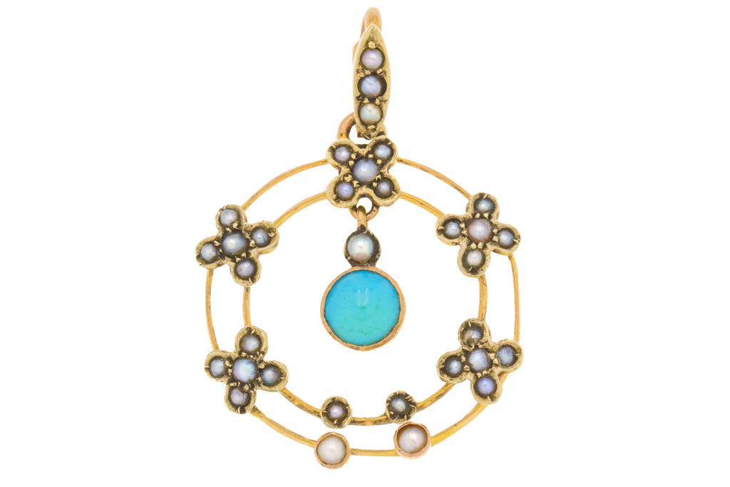 Edwardian 9ct Gold Pearl Turquoise Roundel Pendant