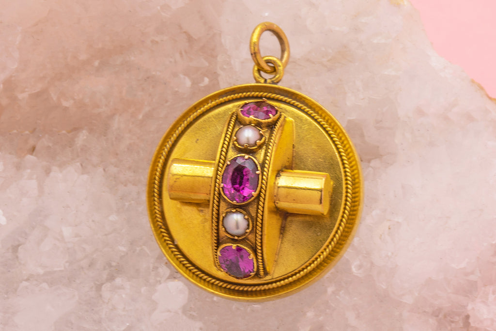 Victorian 18ct Gold Garnet Pearl Pendant, Locket Back
