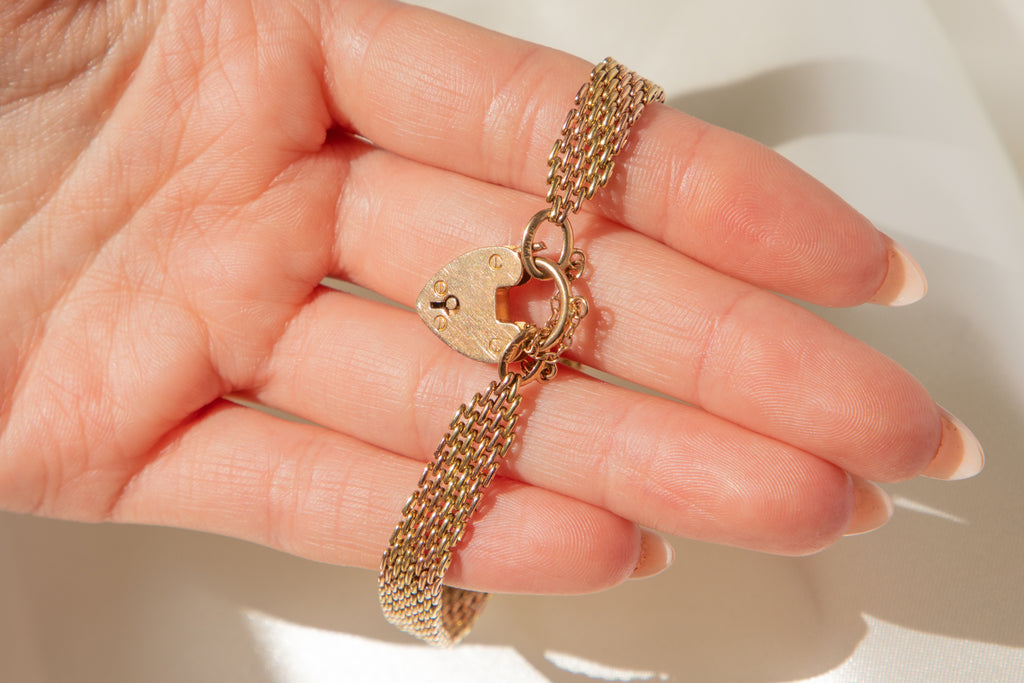 7" Antique 15ct Yellow Gold & Rose Gold Gate Bracelet, Heart Padlock, 16.1g