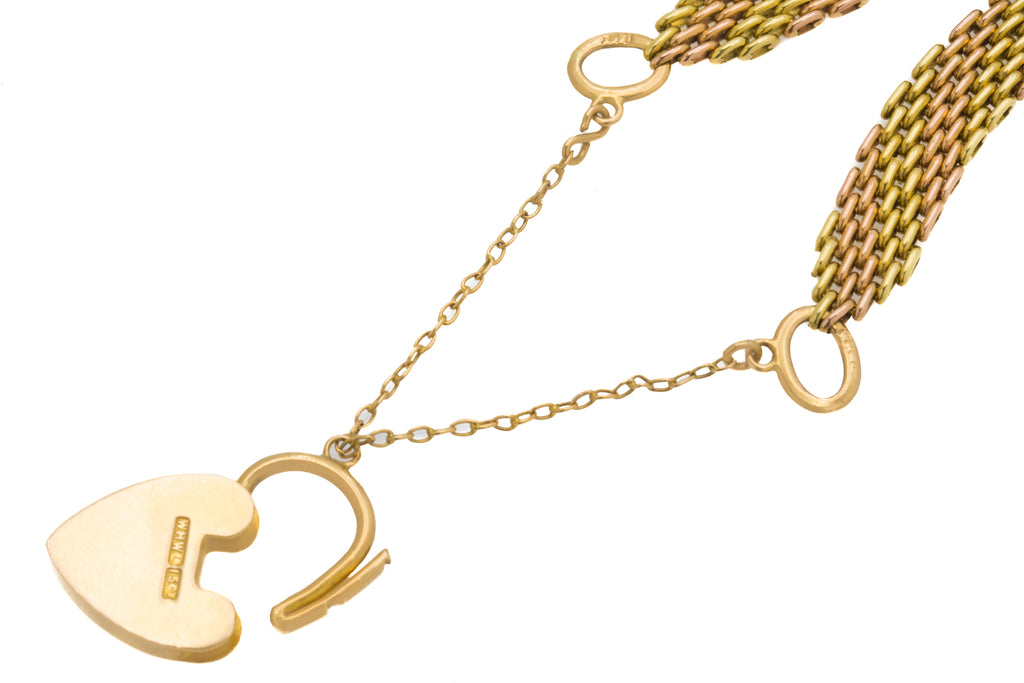 7" Antique 15ct Yellow Gold & Rose Gold Gate Bracelet, Heart Padlock, 16.1g