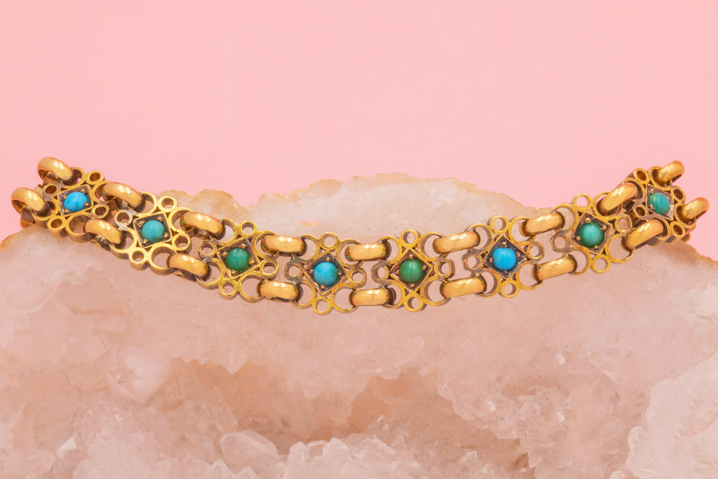 Victorian 15ct Gold Turquoise Bracelet- 19.5g