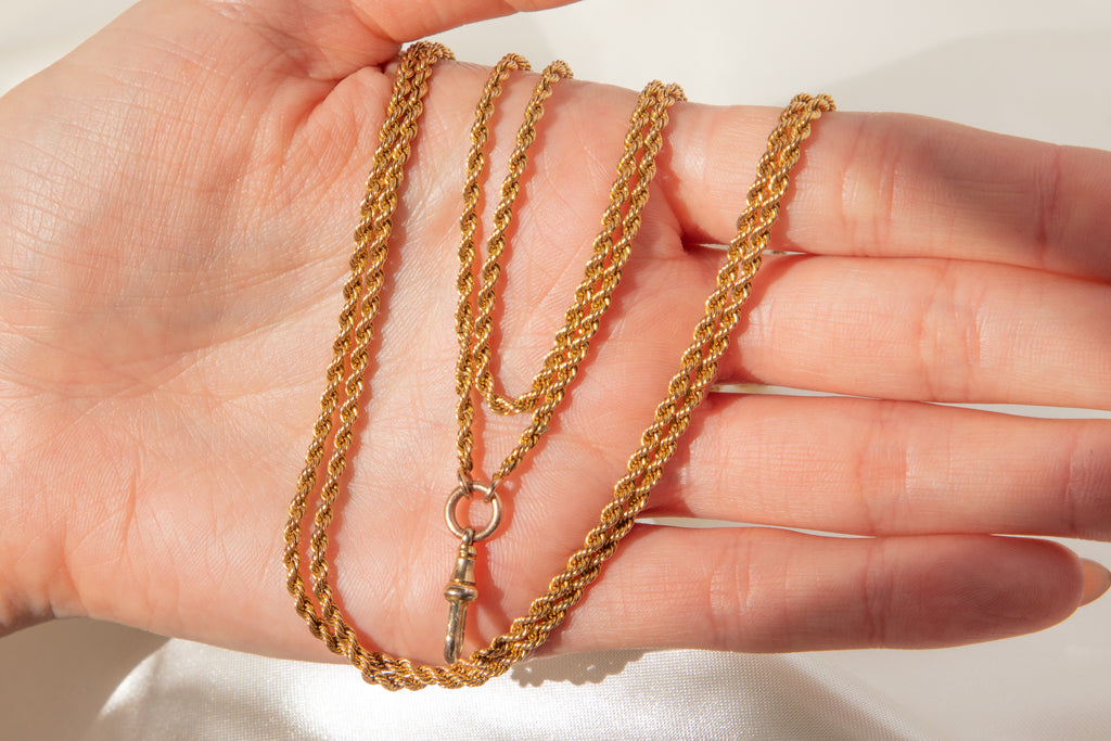 58.5" Victorian 9ct Gold Longuard Rope Chain, 26g