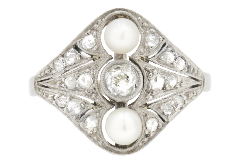 Antique 18ct White Gold Diamond Pearl Panel Ring, 0.38ct