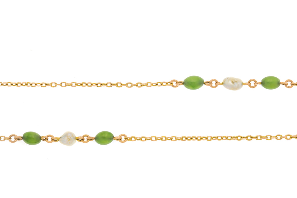 18" Antique 9ct Gold Baroque Pearl & Jade Necklace