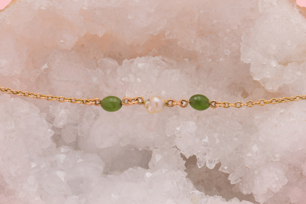 18" Antique 9ct Gold Baroque Pearl & Jade Necklace