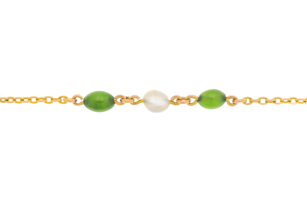 7" Antique 9ct Gold Baroque Pearl & Jade Bracelet