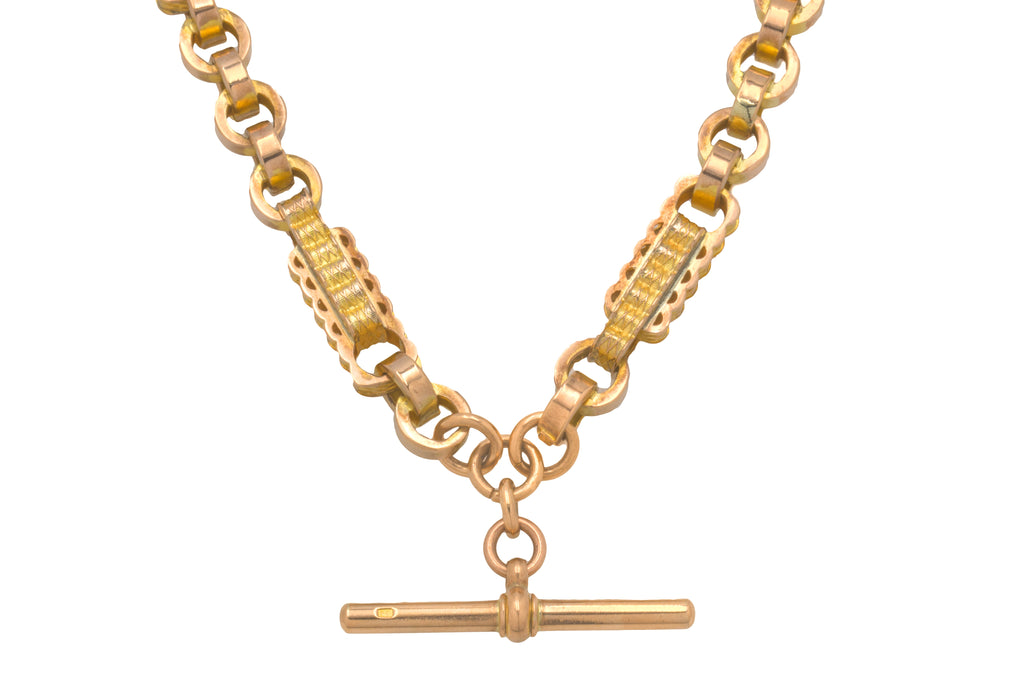 Antique 9ct Gold Fancy Link Chain with T-bar, 40.3g.