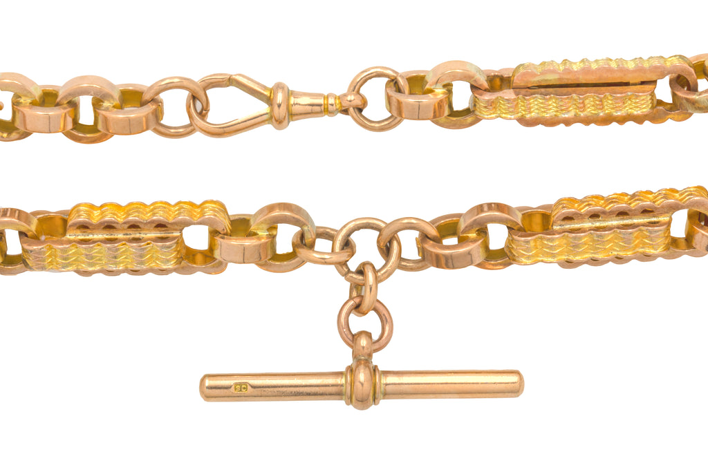 Antique 9ct Gold Fancy Link Chain with T-bar, 40.3g.
