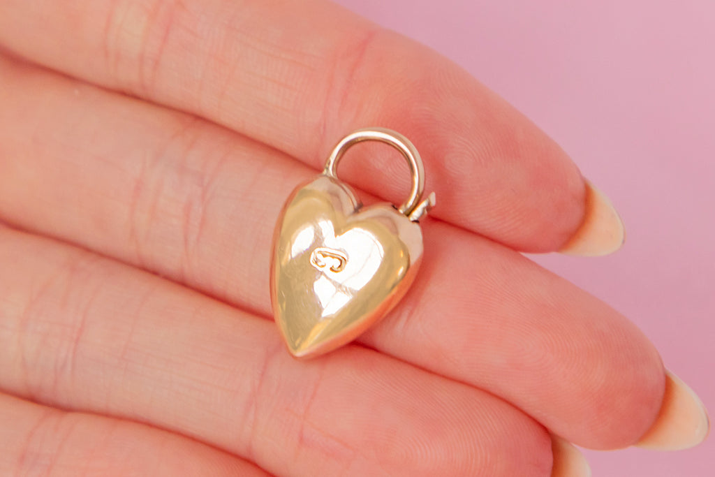 Antique 9ct Gold Puffy Heart Padlock Pendant