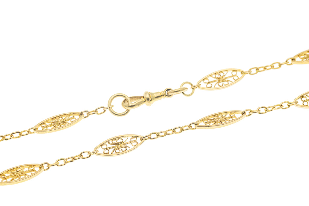 18" Antique 18ct Gold Lozenge Filigree Chain, Dog-Clip (21.6g)