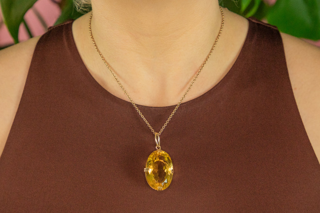 Large 9ct Gold Citrine Oval Pendant, 52.00ct