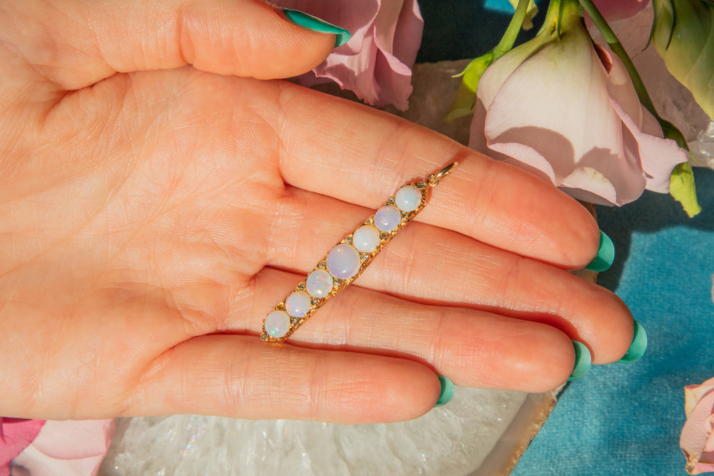 Antique 15ct Gold Opal Diamond Bar Pendant, 2.15ct Opal